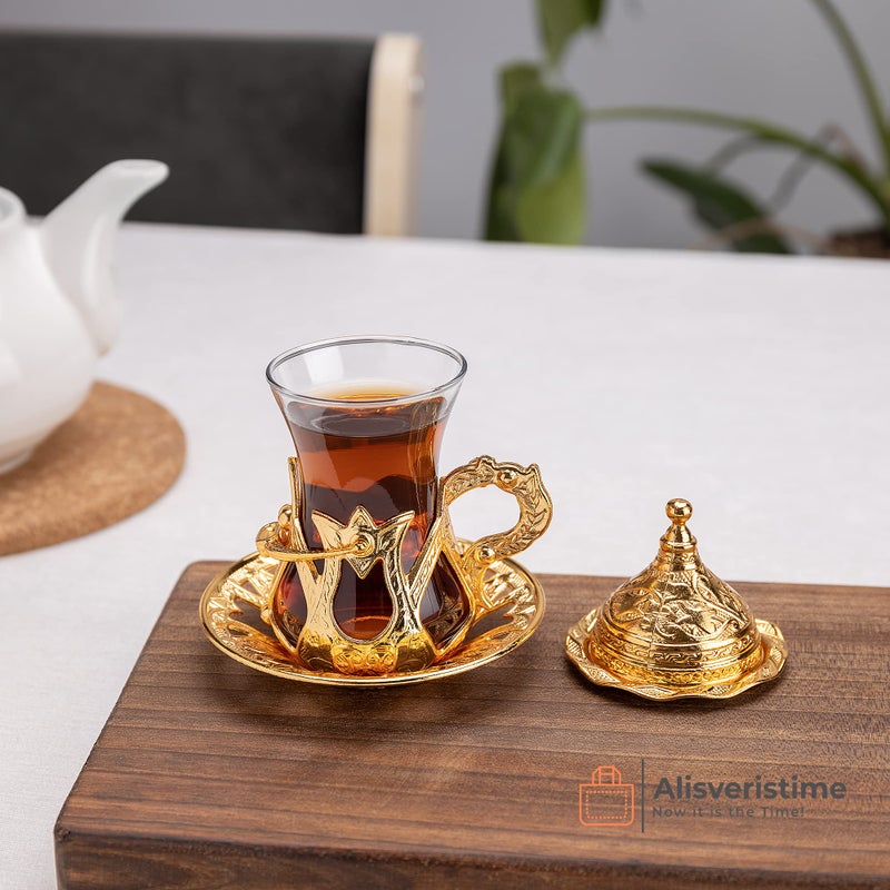 Alisveristime مجموعة 6 أكواب شاي تركية مصنوعة يدويًا مع صحن وملعقة (ذهبي) - Image 2